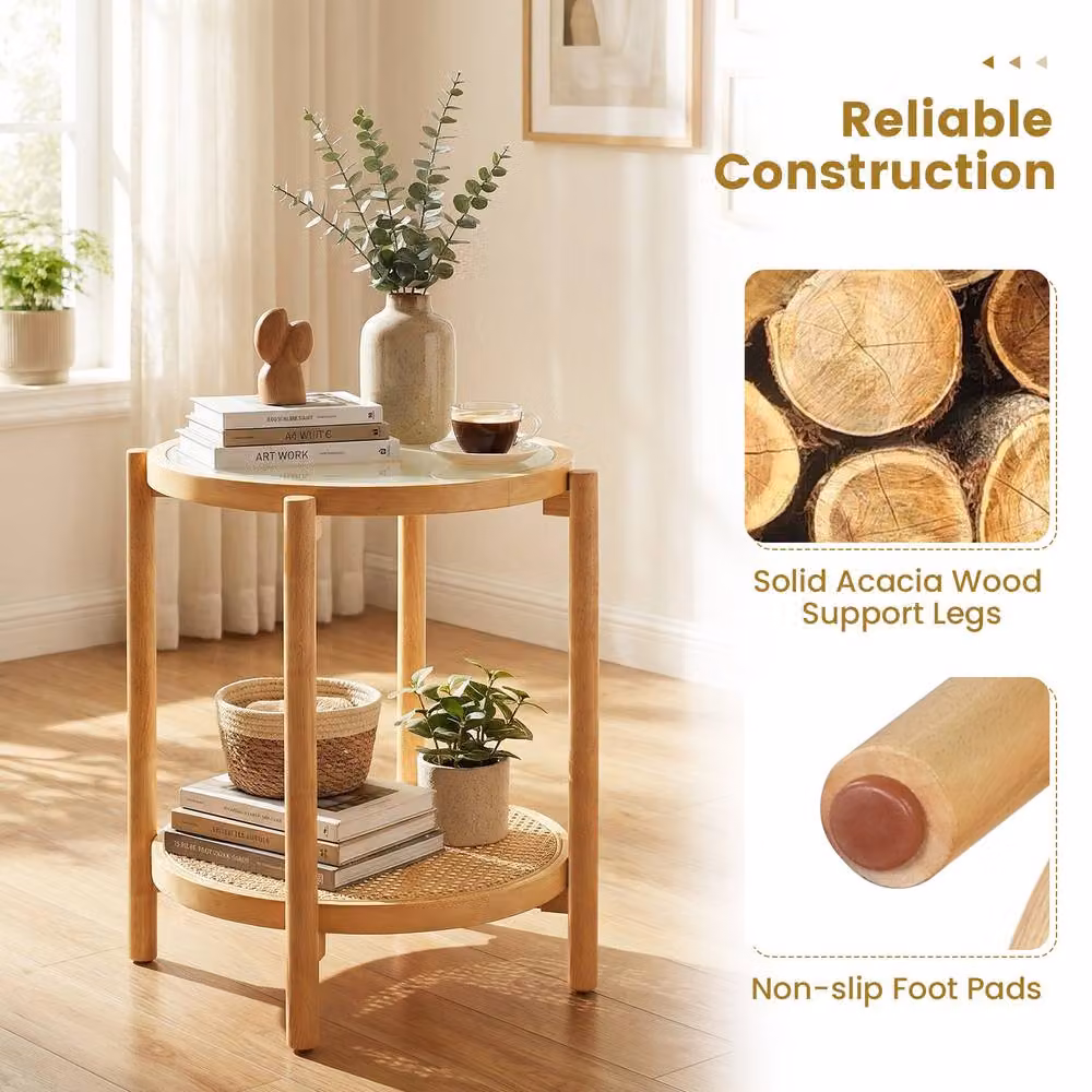 Gymax Round 2-Tier Boho Side Table in Natural Acacia Wood and Glass – 3