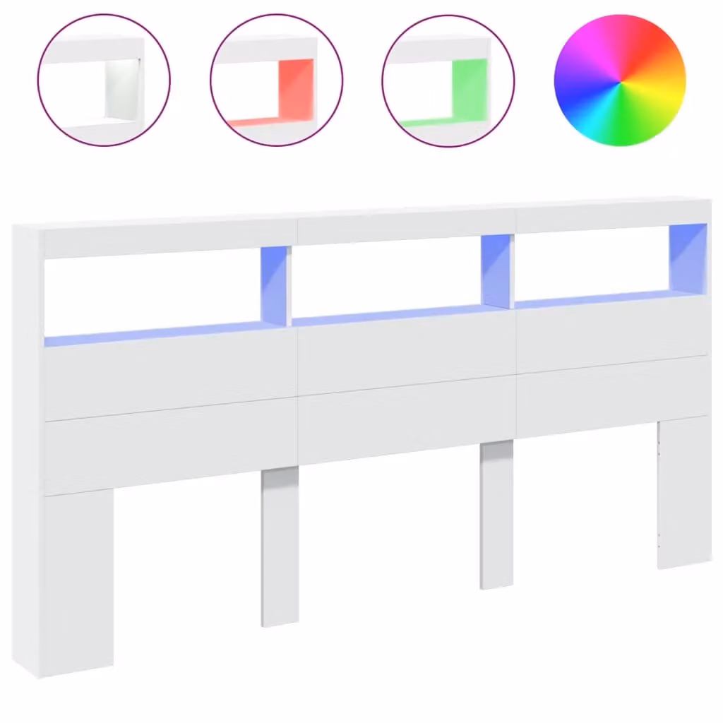Berkfield Home Modern White Headboard Cabinet with Integrated LED Lighting, USB Charging Port and Bedside Shelf, W/D/H: 200 x 17 x 102 cm – 2