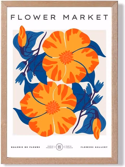 ARTZE Orange and Blue Cosmos Flower Market Exhibition Framed Print with Oak Frame, A2