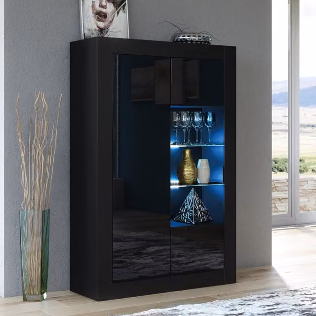 Creative Furniture Arcadia Glossy Black Modern Display Cabinet with Glass Doors and LED Lighting W/D/H: 140 x 35 x 93 cm