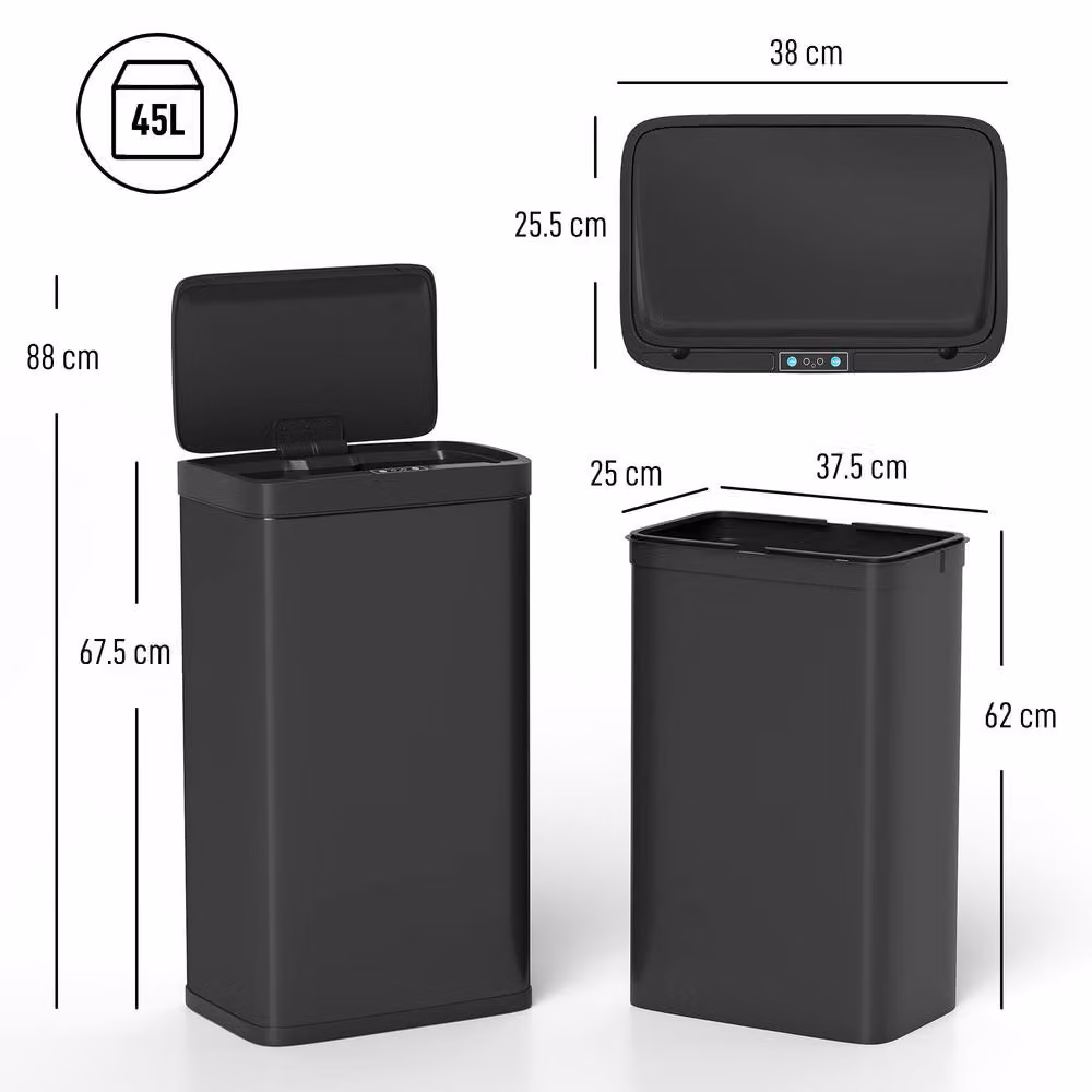HOMCOM 45L Sensor Bin, Black Metal Kitchen Bin with Automatic Close – 3