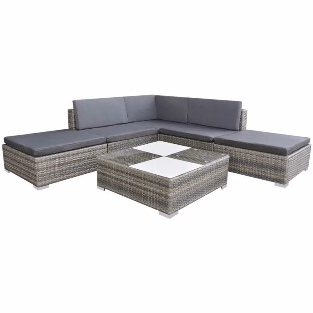 Berkfield Home Modern 6 Piece Grey Poly Rattan L-Shape Garden Lounge Set with Upholstered Cushions – 2