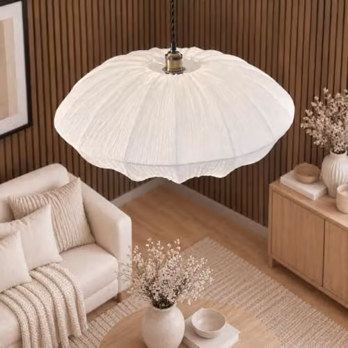 CGC Lighting Jade Oval Ruffled Silk Fabric Lampshade in Beige and White, Width: 60 cm – 2