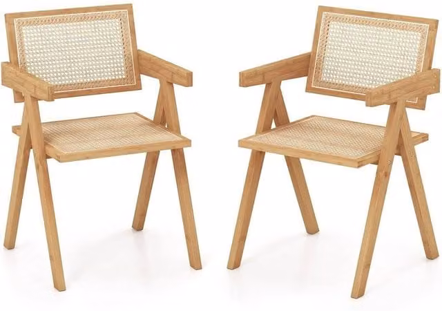 KORVIXA Set of 2 Mid-Century Dining Chairs in Natural Bamboo and Rattan with Armrests