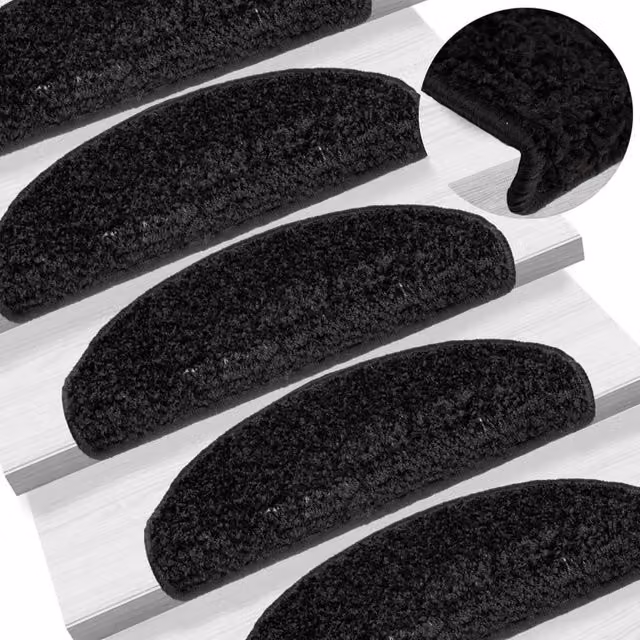 Berkfield Home Self-Adhesive Carpet Stair Treads, 15 Pieces, Black, W: 65 cm, D: 21 cm, H: 4 cm – 1