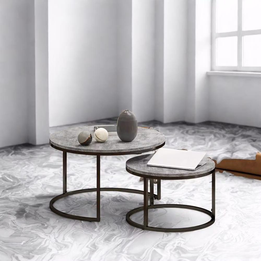 FURNOS 2-Piece Nesting Tables with Grey Faux Marble Tops and Black Metal Bases – 2