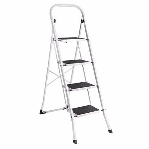 VonHaus 4-Step Steel Folding Step Ladder in White with 150kg Max Capacity