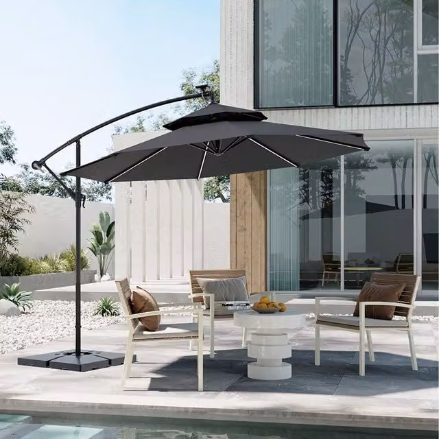 Komore Solar-Powered Cantilever Parasol with LED in Dark Grey Polyester and Metal