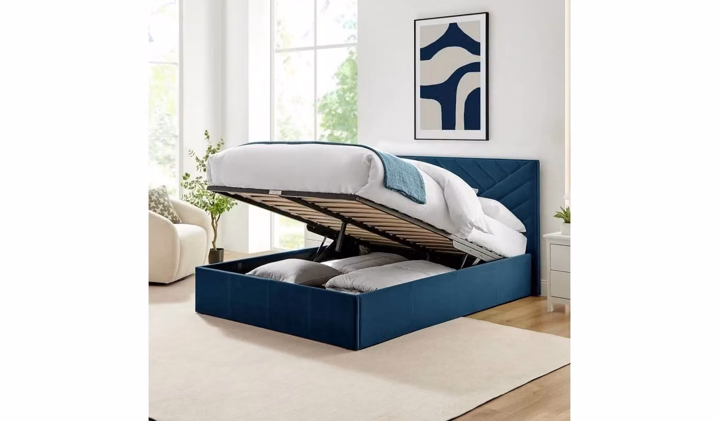 Luca Double End Lift Ottoman Bed in Blue Velvet, W/D/H: 150 x 200 x 100 cm