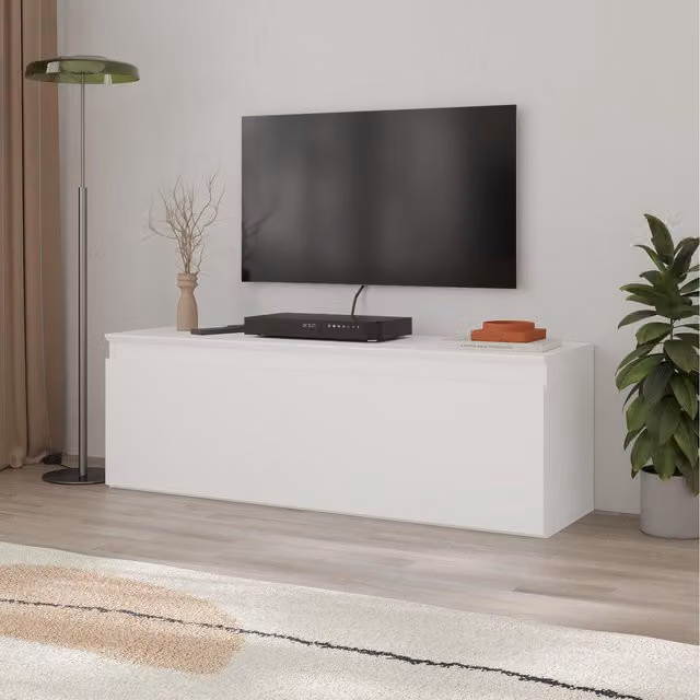 Decortie Modern White TV Stand with Soft-Close Drop-Down Door