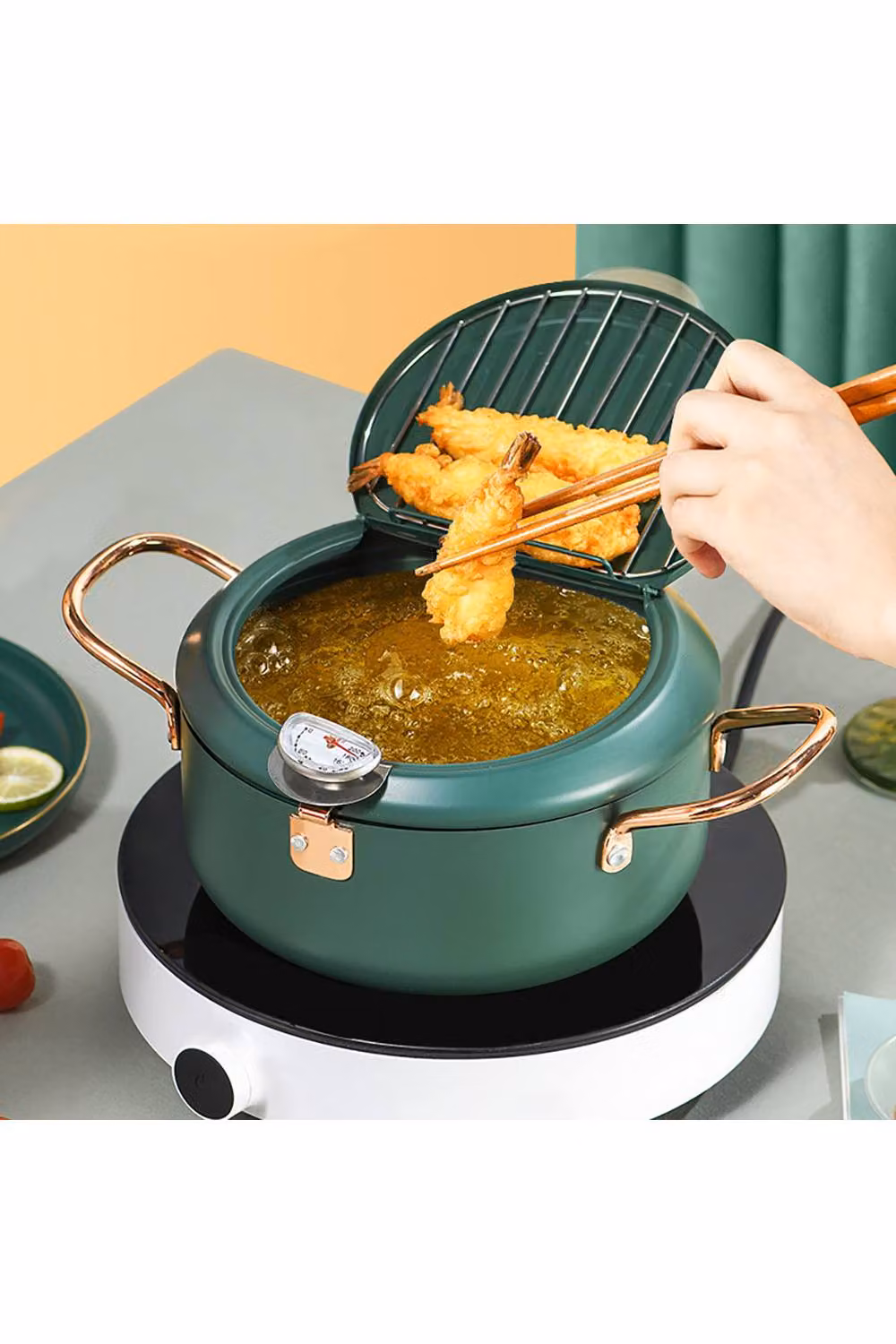 Living and Home Japanese-style Dual-Handle Tempura Deep Frying Pot with Thermometer in Green and Gold – 2
