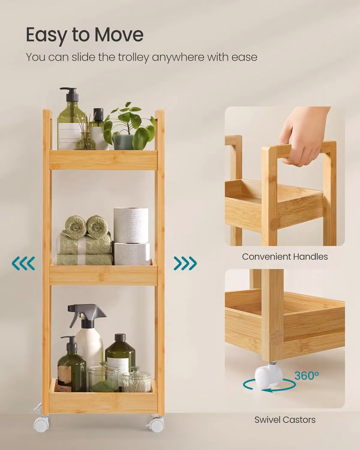 SONGMICS Slim Bathroom Trolley with 3 Adjustable Shelves and Wheels in Natural Sand – 2