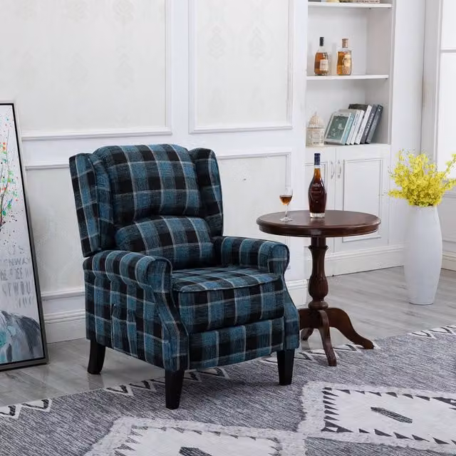 WestWood Vintage Blue Checked Fabric Tub Recliner Armchair