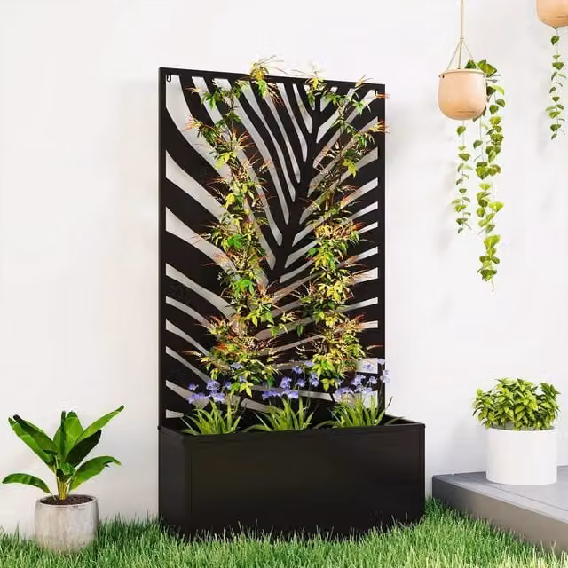 OUTSUNNY Metal Raised Garden Bed with Trellis in Black – 1