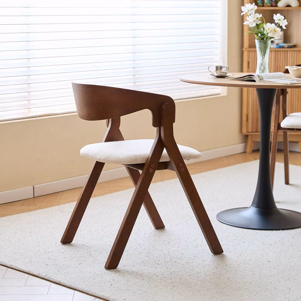 Nordlys Set of 2 Scandinavian Style Walnut Wood and Beige Fabric Dining Chairs with Armrests – 4