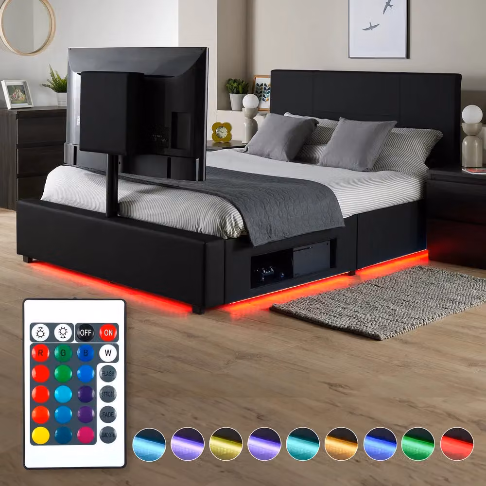 X Rocker AVA Upholstered Synthetic Leather TV Bed with Underbed LED Lighting and Storage in Black, Single 90 x 200 cm – 2