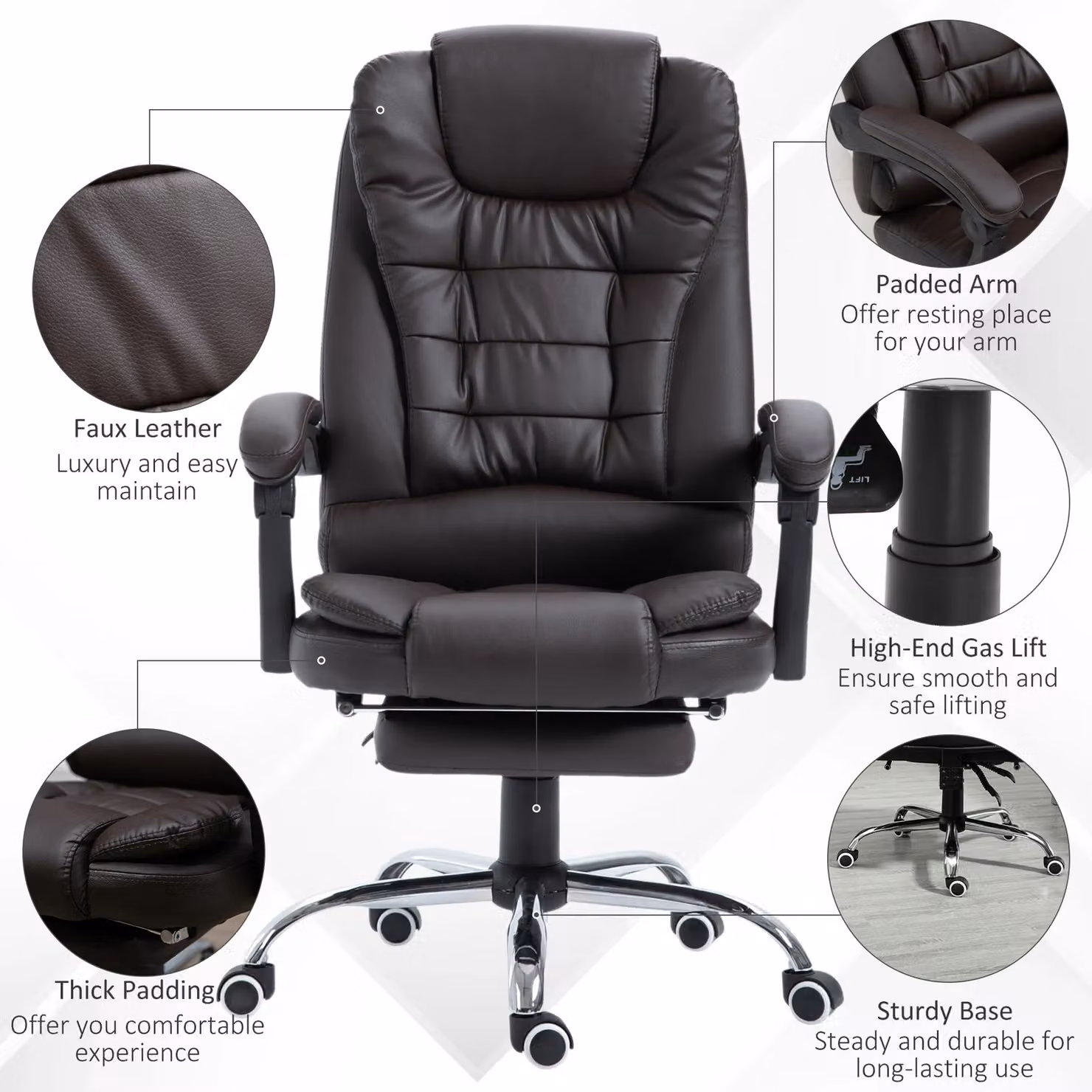 HOMCOM Brown PU Leather Executive Swivel Office Chair with Headrest and Armrests – 4