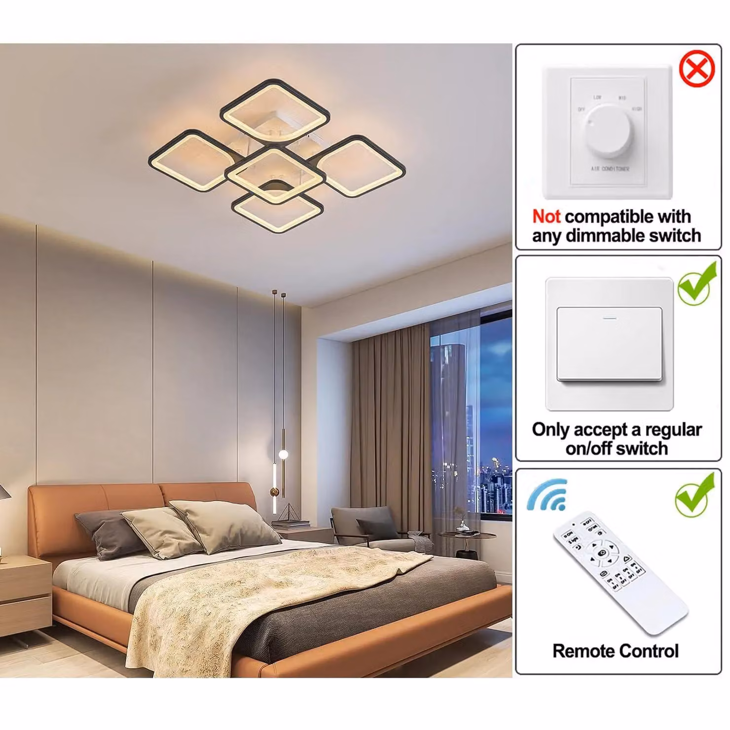 Garwarm Black 70W Square LED Ceiling Light with Remote Control, Dimmable Acrylic and Metal Design – 2