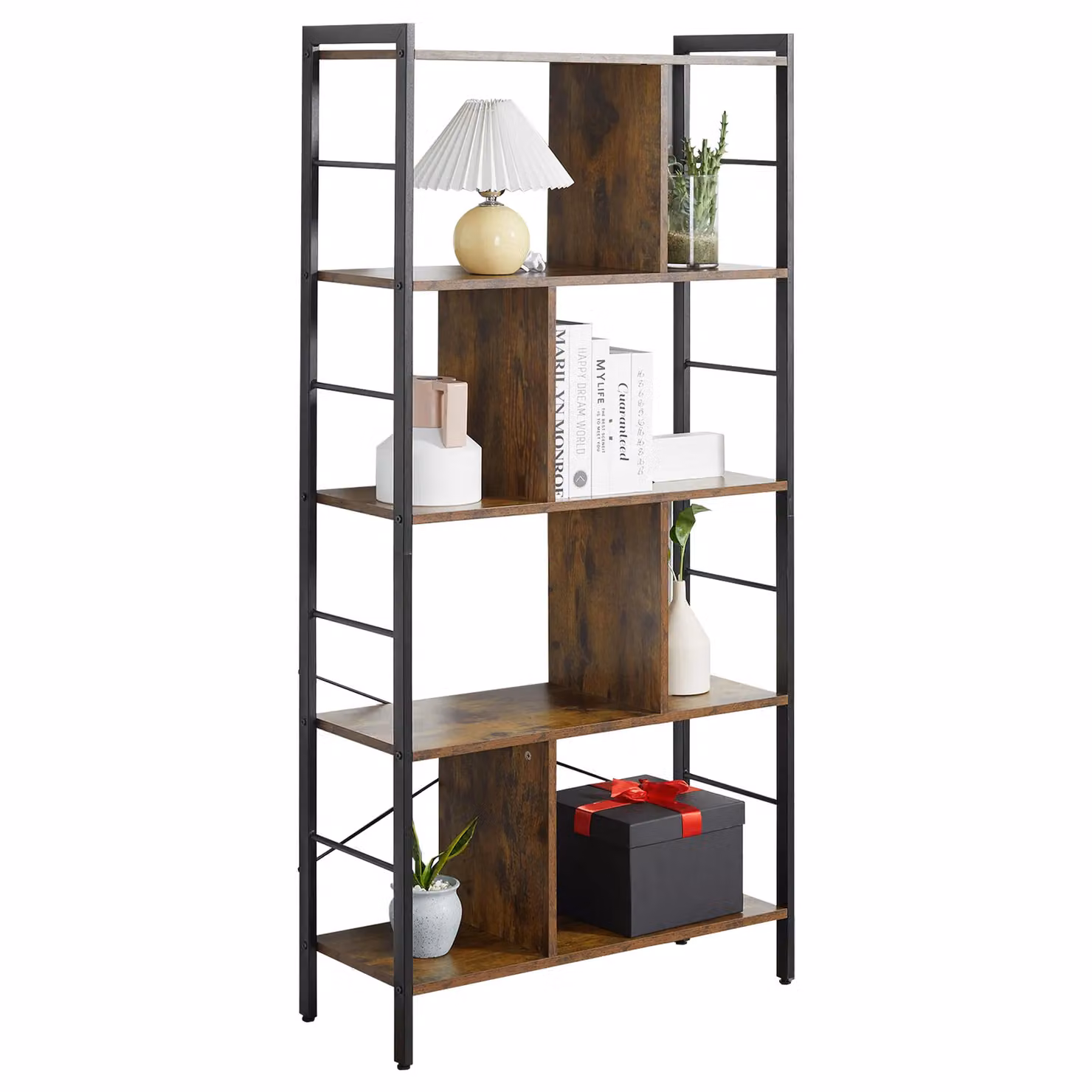 HOMCOM Industrial Metal Frame Storage Shelf and Bookcase in Dark Brown and Black – 2