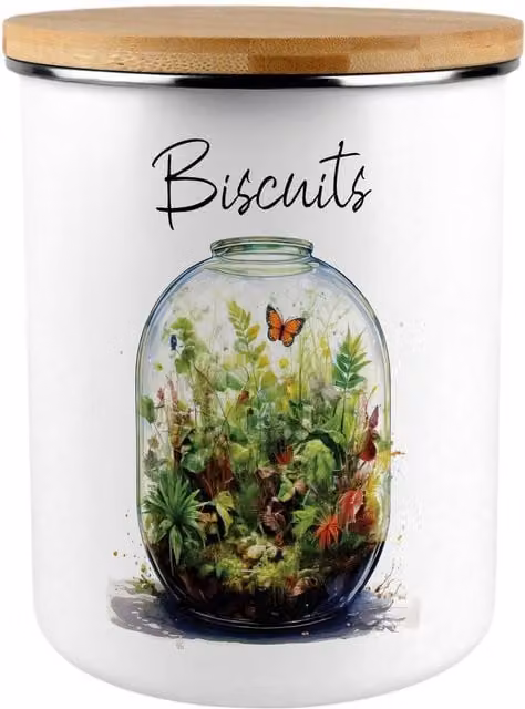 Purely Home Plant Terrarium Extra Large Enamel Biscuit Tin in Green and White with Floral Design