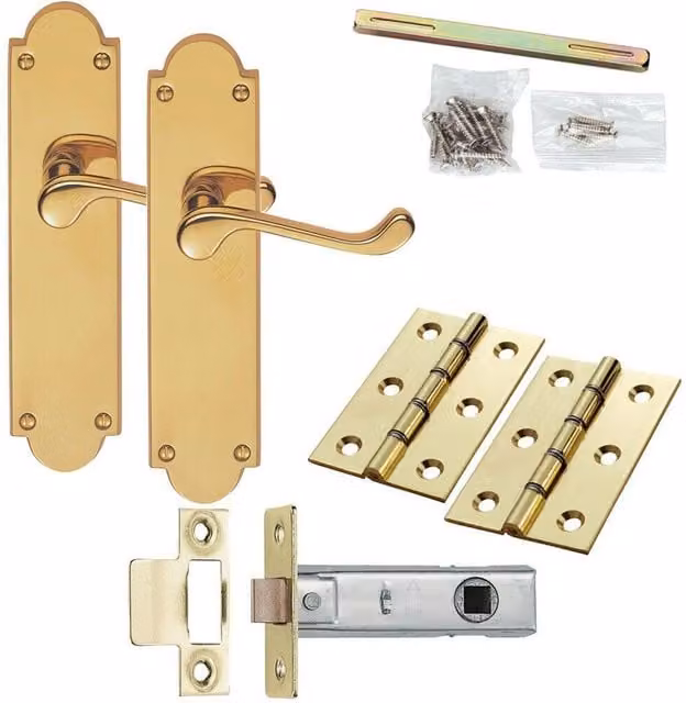 Loops Brass Victorian Scroll Door Handle and Latch Pack with Ornate Backplate in Polished Gold
