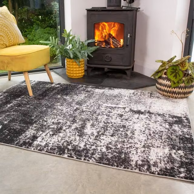 The Rug House Black and Grey Monochrome Abstract Modern Area Rug, W: 110 cm, D: 60 cm