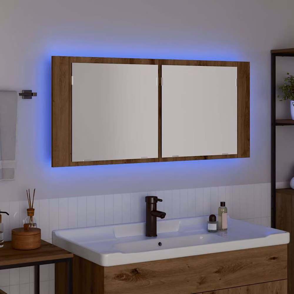 Berkfield Home Artisan Oak LED Mirror Cabinet in Brown, W/D/H: 100 x 12 x 45 cm – 4
