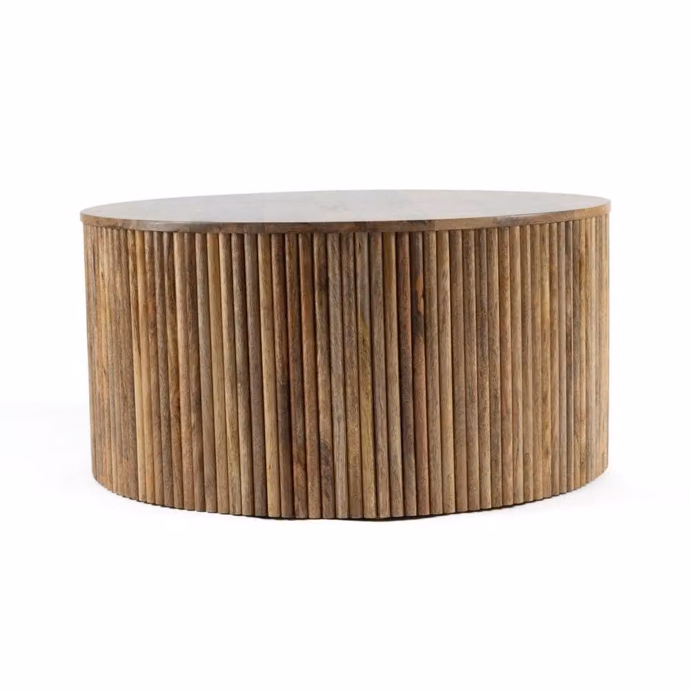 Jaipur Furniture Ltd Ribbed Round Mango Wood Coffee Table in Brown, W: 80 cm, D: 80 cm, H: 40 cm – 2