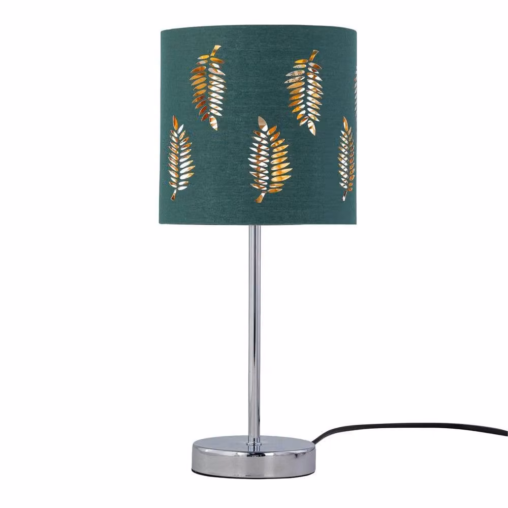 First Choice Lighting Set of 2 Chrome Stick Table Lamps with Dark Green Fern Cut Out Fabric Shades – 2