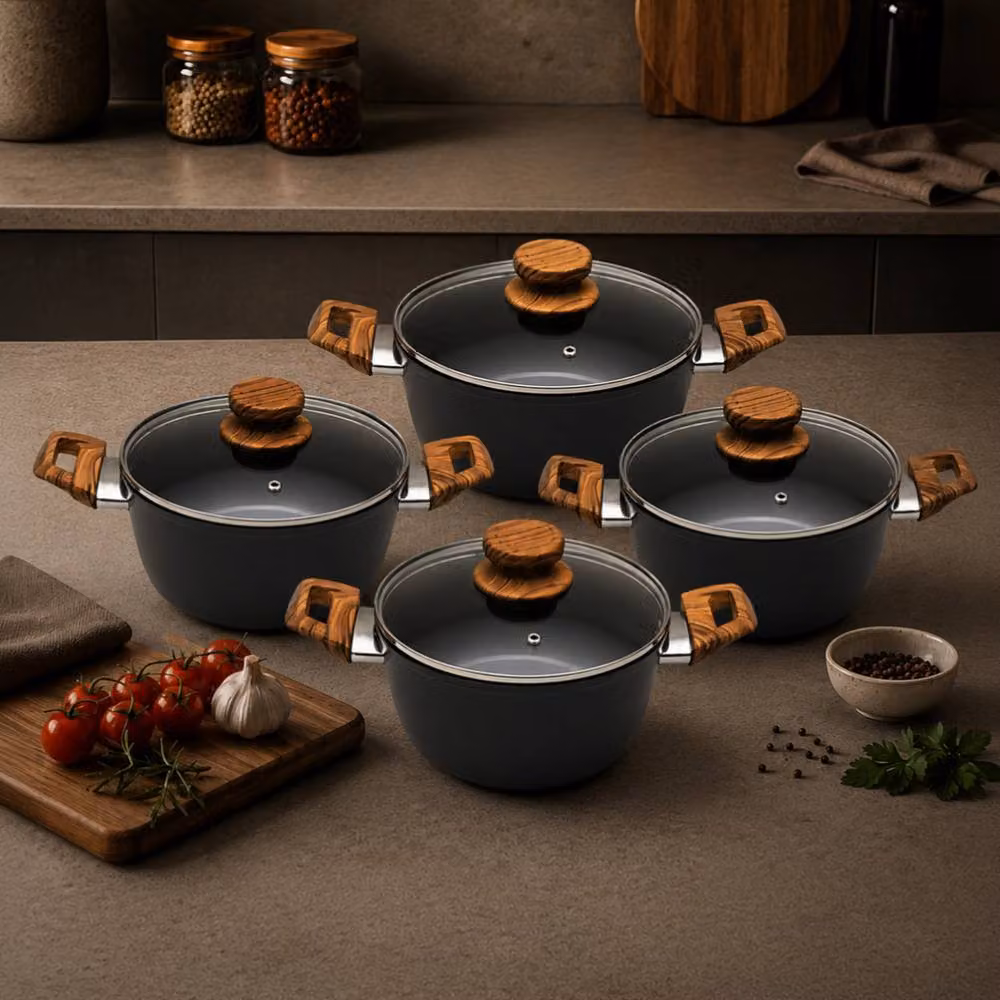 Royalford 4 Piece Non-Stick Casserole Dishes Set with Lids, Induction Compatible, Black, 9.5 l, 5.8 l, 4 l & 2.2 l – 2