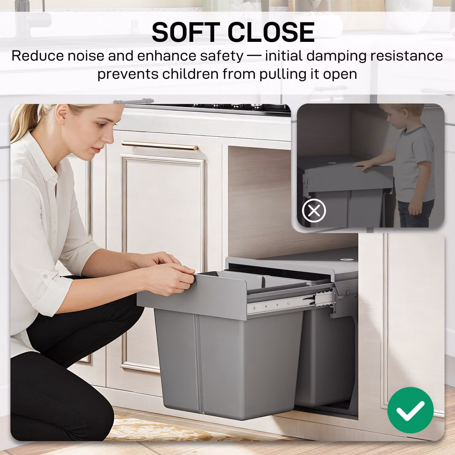 HOMCOM Pull Out Under Sink Bin with 2 Removable 15L Compartments and Soft Close Flip Lid, Light Grey – 4