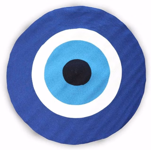 KDMD Blue Cotton Rope Evil Eye Round Woven Rug, Diameter: 120 cm
