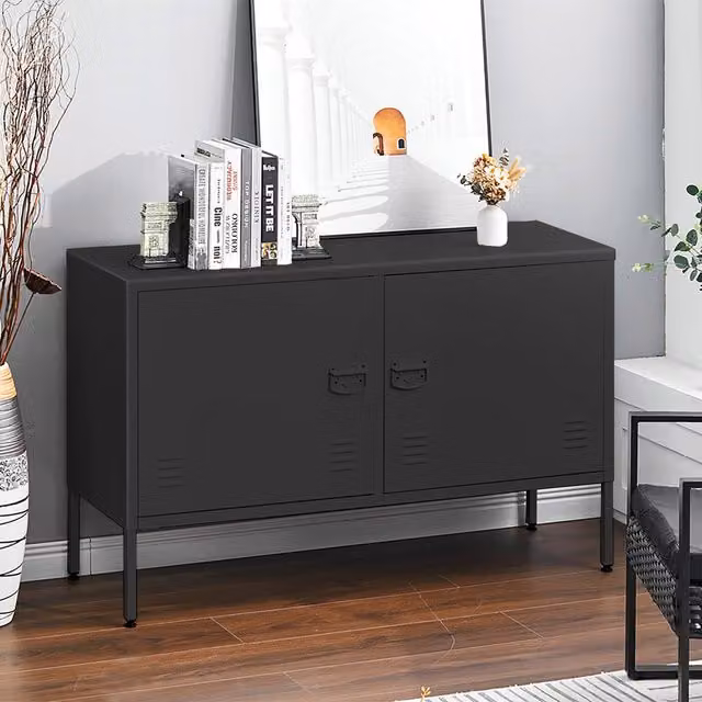 Livingandhome Modern Matt Black Metal High-Leg Sideboard with Adjustable Shelves