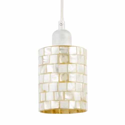 Happy Homewares Modern Cylindrical Shell Mosaic Pendant Light Shade in White and Beige – 1