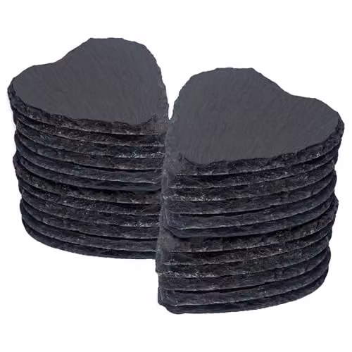 Argon Tableware Heart Shaped Black Natural Slate Coasters, 24 Piece Set, Diameter: 10 cm