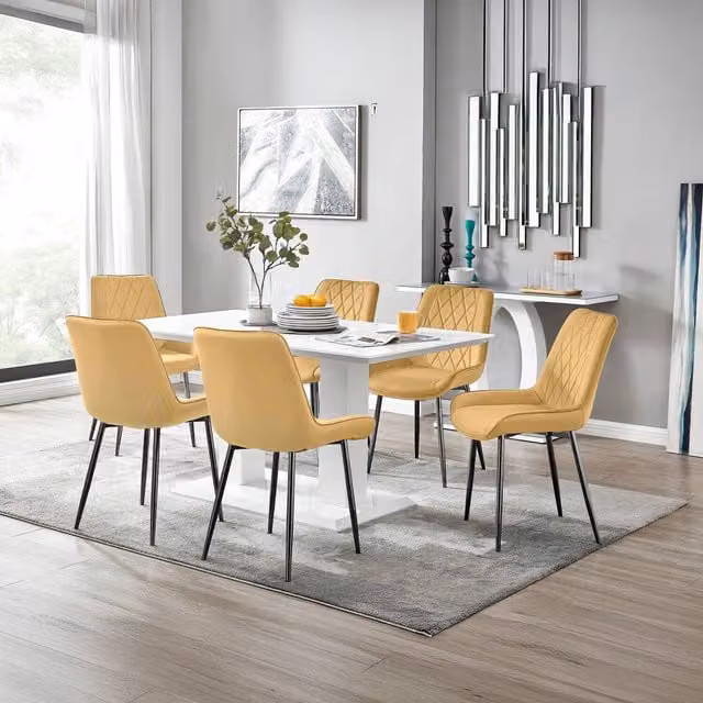 FurnitureboxUK Imperia White Rectangular Dining Table and 6 Pesaro Mustard Chairs with Black Legs