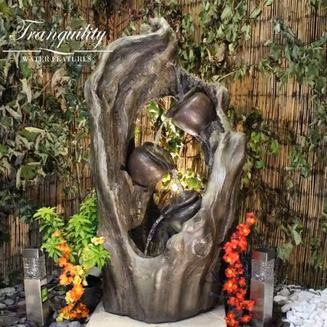 Tranquility Woodland Trio Wood Effect Solar Cascade Water Feature in Grey