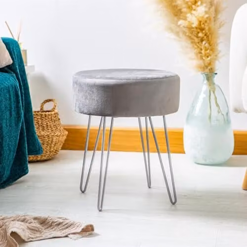 Harbour Housewares Pack of 2 Round Velvet Footstools in Grey with Silver Legs, H41 x D45 cm