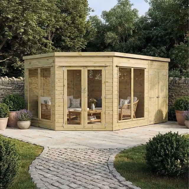 Waltons Green Wooden Shiplap Corner Summerhouse with Side Shed and Window