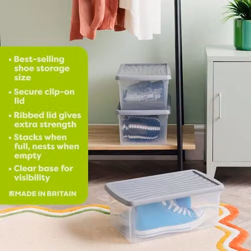 Wham Stackable Plastic Storage Boxes with Lids and Handles, 3 x 9L, Transparent/Silver – 3