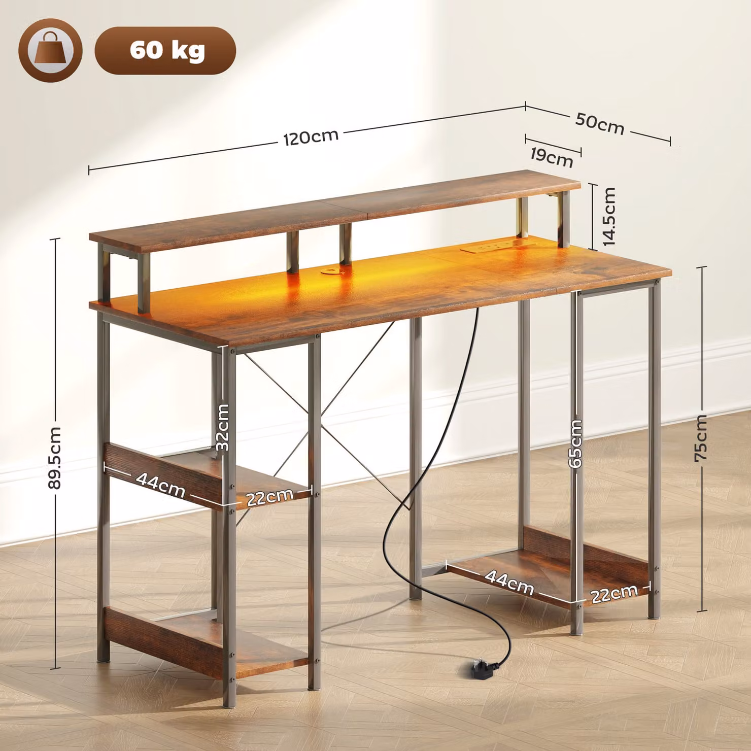 HOMCOM Computer Desk with Power Outlets and LED Lights, Rustic Brown Home Office Desk with Monitor Stand and 2-Tier Shelves, W: 120 cm, D: 50 cm – 2