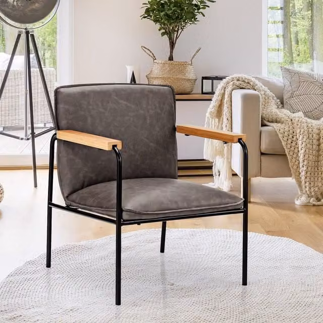 Costway Grey Synthetic Leather Upholstered Armchair with Armrests