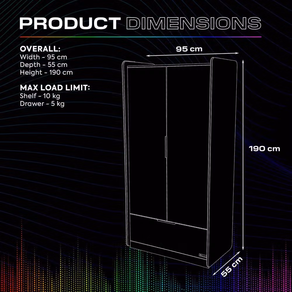 X Rocker Electra 2 Door Wardrobe with Drawer and Shelf in White Glossy Finish with Integrated LED Lighting – 8