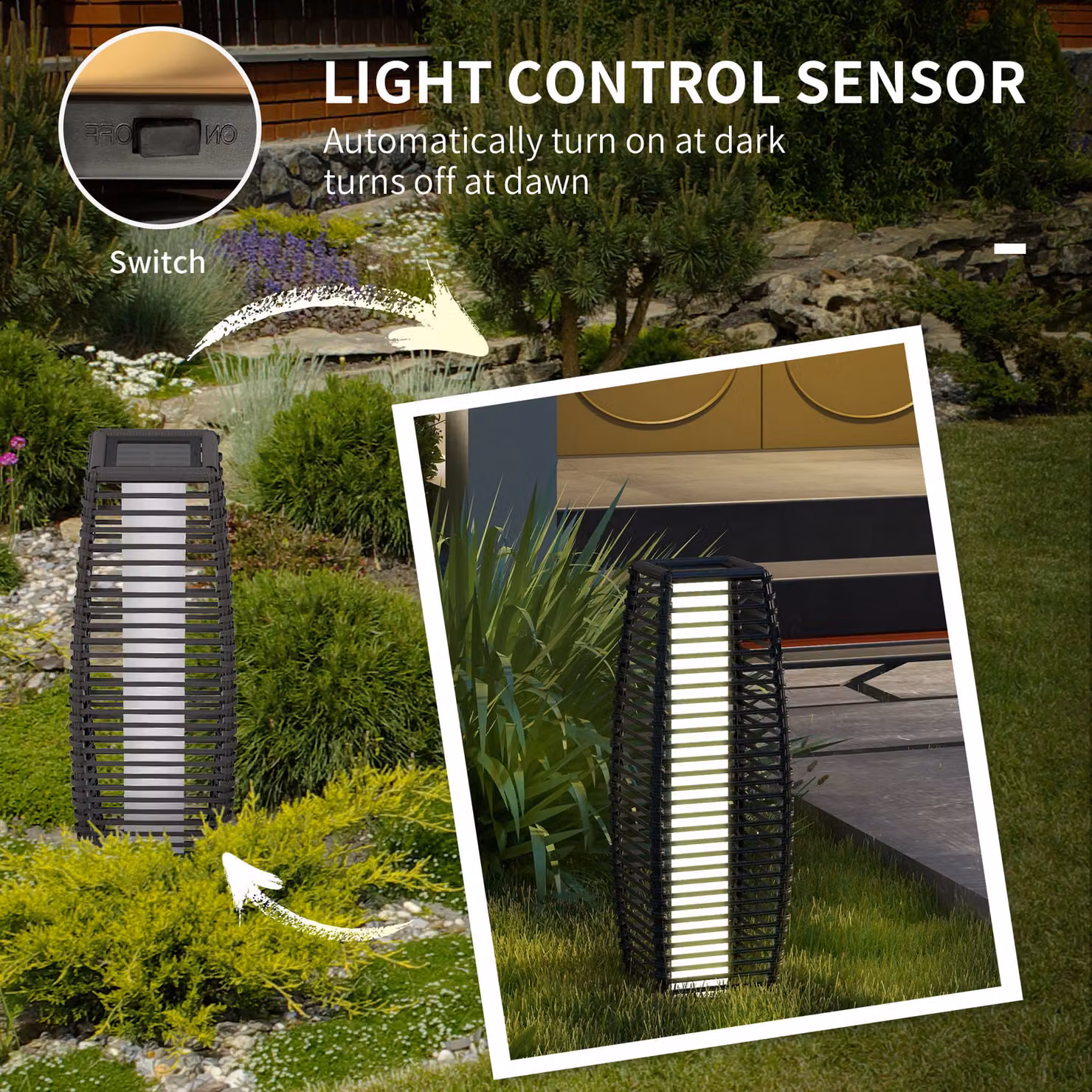 Outsunny Solar Powered LED Outdoor Floor Lamp, Grey Rattan Decorative Garden Lantern with Dusk Sensor and Warm White Light – 5