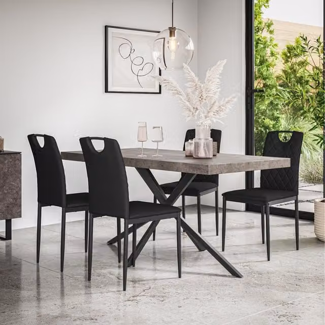 More4Homes Donni Dining Table with 4 Monza Faux Leather Chairs, Concrete Effect Top, Black