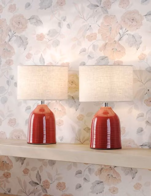 Laura Ashley Set of 2 Penny Red Ceramic Ribbed Table Lamps