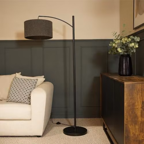 ValueLights Black Metal Curved Stem Floor Lamp with Charcoal Grey Boucle Shade and LED Bulb Included – 2