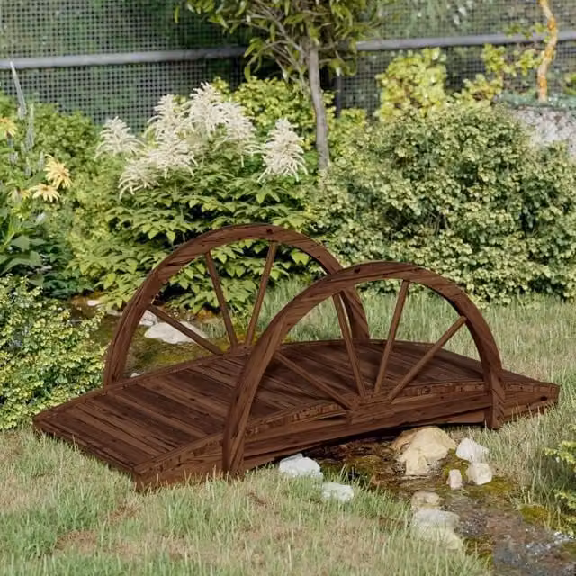 Berkfield Home Garden Bridge with Half-wheel in Brown Solid Wood, W/D/H: 99 x 50 x 38 cm – 1