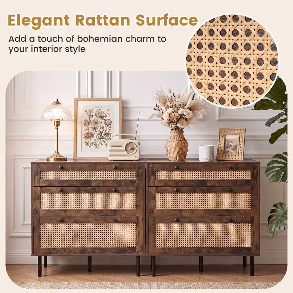 Gymax Boho Rattan Modern Chest of Drawers with 5 Metal Legs, Brown – 8