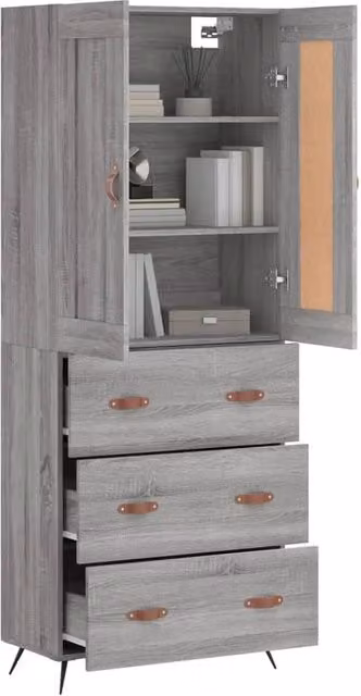 Berkfield Home Grey Sonoma Highboard with Hinged Doors and Internal Shelves, W/D/H: 69.5 x 34 x 180 cm